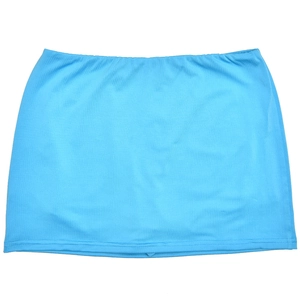 Detail view of the blue knitted mini skirt fabric texture and elastic waistband design