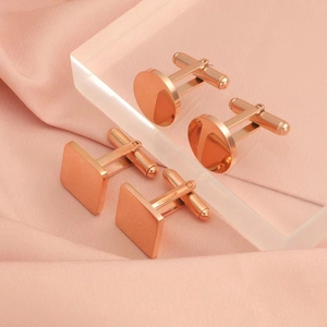 Rose gold men's mirror finish cufflinks in round and square shapes on display
