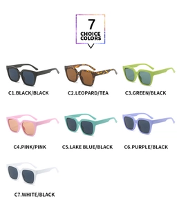 Detailed grid showing seven trendy candy-colored square frame sunglasses from multiple angles