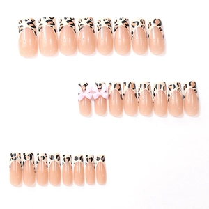 French leopard print press-on nails set with pink 3D bows for Valentine's Day style