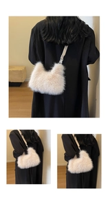 Detailed views of plush faux fur shoulder bag with adjustable strap and metal clasp