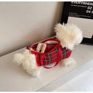 Detail of Westie dog plush handbag showing red plaid fabric and inner storage space