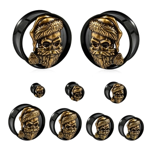 Black ear plugs with gold Santa skull relief shown in various sizes on white background
