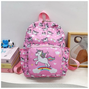 Pink unicorn backpack for kids with rainbow castle print and front zipper pocket detail