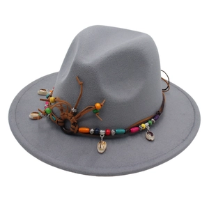Ethnic wide brim gray fedora with colorful beads and shell accents for stage performance
