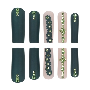 Matte dark green and pink coffin press-on nails with luxury rhinestones and floral design