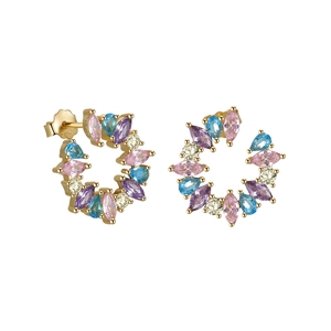 Close-up of S925 silver flower wreath studs with colorful zircons in gold finish