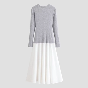 Long-sleeve color-block dress with grey knit top and white flared skirt in flat lay view