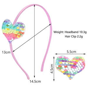 Ensemble serre-tête et pince à cheveux cœur à paillettes arc-en-ciel pour filles