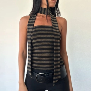 Top De Tubo Con Cuello Halter A Rayas Negro Y Dorado Con Bufanda A Juego Punto Metálico Lurex Espalda Descubierta Ropa Mujer
