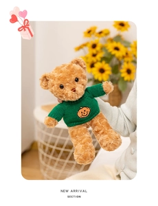 Détail d'un ours en peluche marron portant un pull vert brodé d'une petite citrouille
