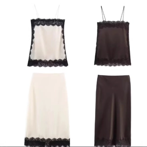 Elegant Women Satin Cami Top And Lace Trim Midi Skirt Solid Color Sexy INS Fashion Clothing