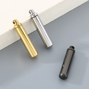 Polished stainless steel cylinder urn necklaces in gold, silver, and black finishes
