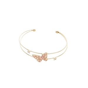 Elegant gold double-layer open bangle with a pink zircon butterfly design for women