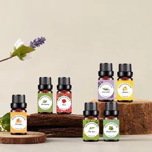 Set of 10ml natural essential oils in amber glass bottles featuring lavender and rose scents