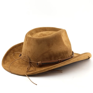 Classic brown suede western cowboy hat with wide brim and leather band decor