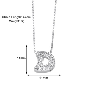 Detail showing letter D silver pendant with zircon pavé on a 47cm chain