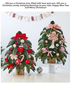 Mini tabletop Christmas trees with velvet bows and LED lights on wood base decor