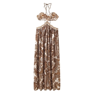 Robe Maxi À Imprimé Paisley Bohème Dos Nu Sans Manches Taille Évidée Polyester Robe De Vacances Pour Femmes