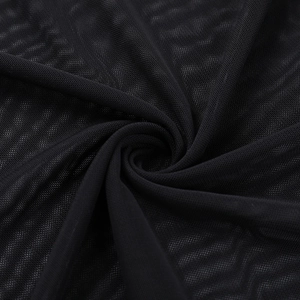 Close-up of black mesh fabric texture showing fine weave on the off-shoulder dress