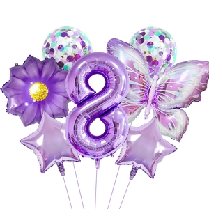 Purple themed party set with number 8 balloon, butterfly, flowers and confetti details