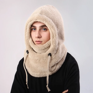Detail of beige fleece balaclava hood with adjustable drawstring for winter wind protection