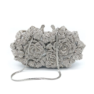 Silver luxury rose-shaped clutch bag with sparkling rhinestones and metal chain