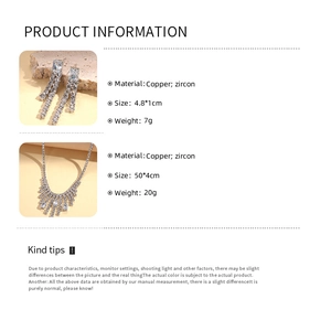 Detailed product information infographic for zircon fringe necklace and earring set