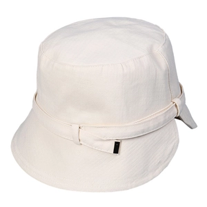 Women's minimalist beige cotton sun hat with decorative belt and metallic accent