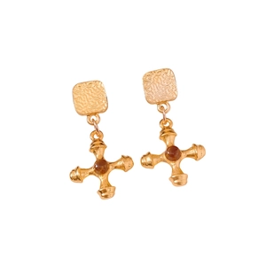 Vintage gold cross earrings with amber bead insets on a textured metal square base