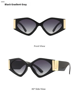 Front and side views of geometric black frame sunglasses with gold temple accents