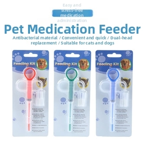Three-piece pet pill dispenser set with dual heads for dogs and cats in blister packaging