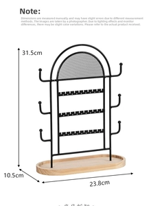Detailed dimension guide for black metal grid jewelry organizer with wood base