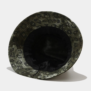 Leopard print cotton bucket hat with breathable mesh lining and adjustable strap for sun protection