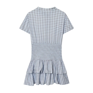 Blue plaid mini dress with smocked waist and tiered ruffle hem shown on white background