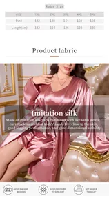 Detailed plus size size chart for pink imitation silk sleepwear robe for women