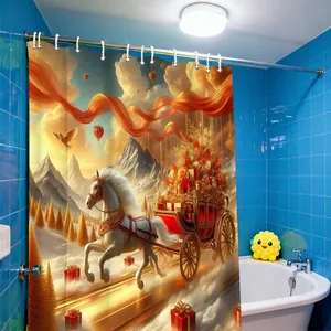 Christmas shower curtain with white horse carriage and festive snow mountain design