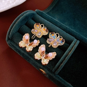 Exquisite gold-plated butterfly and clover earrings with multi-color crystal inlay