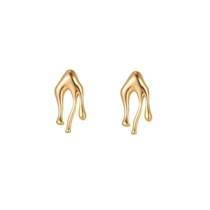 Detailed close-up of molten-style gold earrings with minimalist liquid metal design