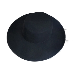 Classic black wide-brim wool felt boater hat with a minimalist flat top design