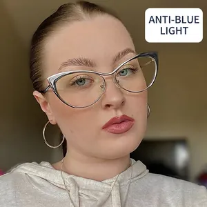Cat-eye metal glasses with anti-blue light lenses, shown on model in silver and black