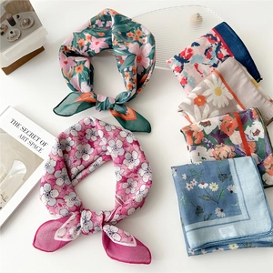 Floral print cotton linen small square scarf for women in artistic breathable fabric