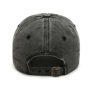 Back view of gray washed cotton baseball cap featuring adjustable metal buckle strap