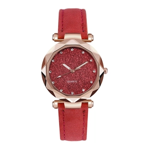 Women's quartz watch with red glitter dial, rhinestone markers and red leather strap