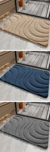 Detailed comparison of beige, blue, and grey high-pile absorbent bathroom mats in setup