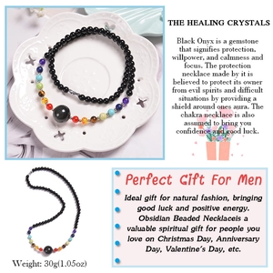 Detailed view of 6mm obsidian beaded necklace with seven chakra stones weighing 30g