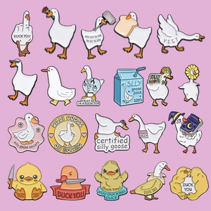 Funny enamel pin set featuring 20 creative white goose and yellow duck cartoon badges