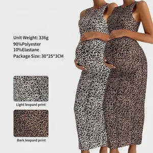 Leopard Print Maternity Maxi Dress Sleeveless Round Neck Slim Fit Sexy Bodycon Pregnancy Apparel