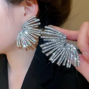 Dramatic silver-toned fan-shaped dangle earrings with sparkling rhinestones for women