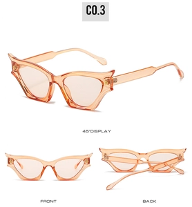 Three-view display of cat-eye sunglasses in amber orange featuring unique winged frame design